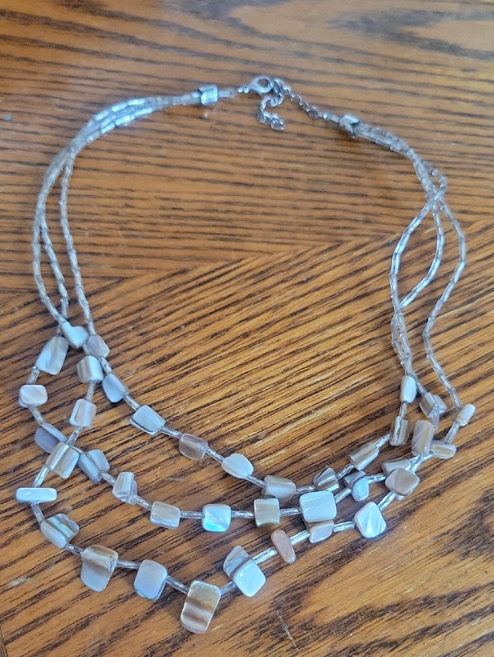 Multi-Strand Iridescent Shell Bead Necklace - Silver Tone 18"